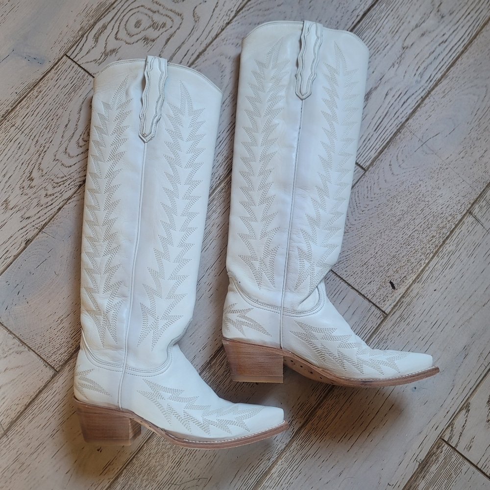 STETSON Sarah Handmade Knee High Low Heel Western Cowboy Boots White Leather W 7